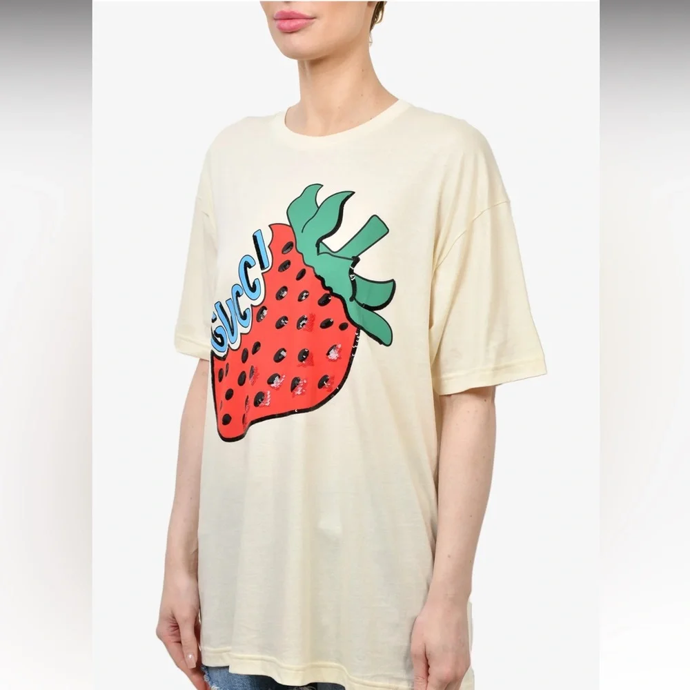 🍓Gucci Strawberry Sequin Cream Short Sleeve Shirt